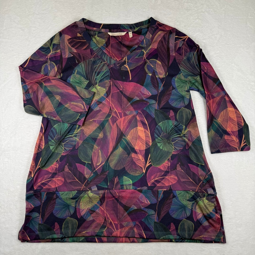 Soft Surroundings Purple Tropical Leaf Print V-Neck 3/4 Sleeve Tunic Top M
